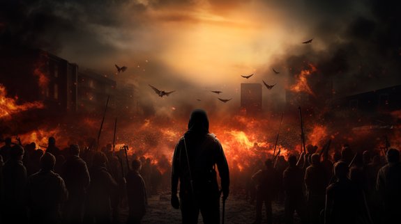 Des silhouettes de dos regardant une ville en feu